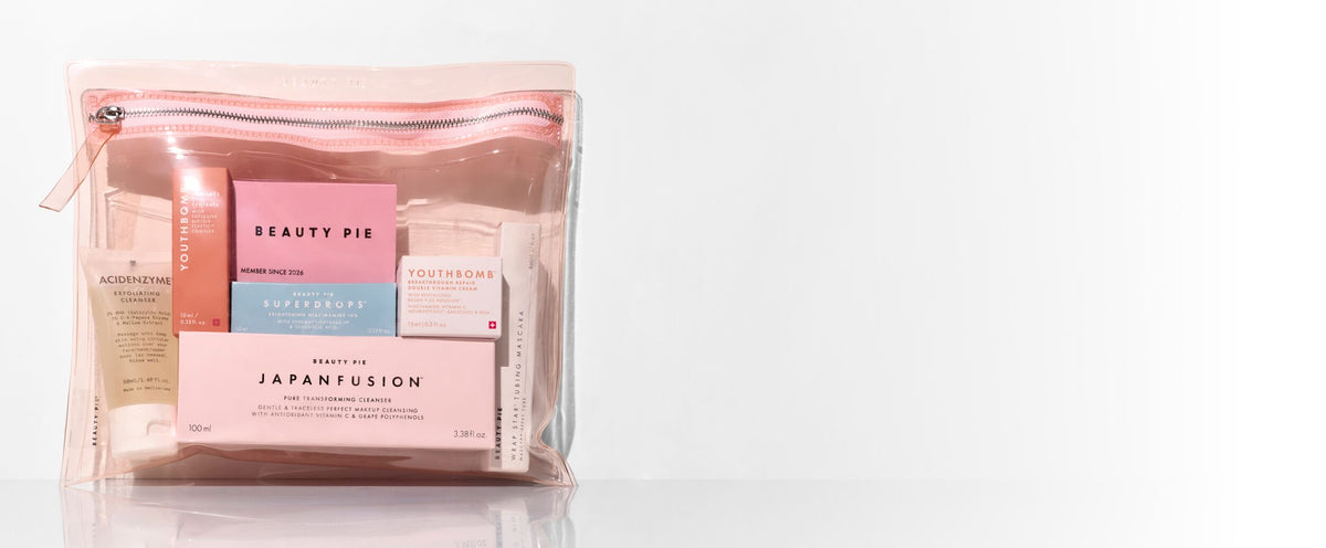Clear pink bag with Beauty Pie seven products inside